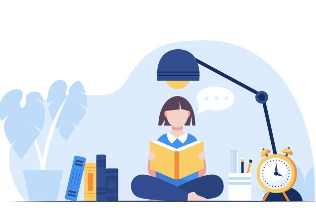 Education learning concept, love of reading. People reading or students studying and preparing for examination in Library. book lovers, readers, modern literature. Flat cartoon vector illustration.