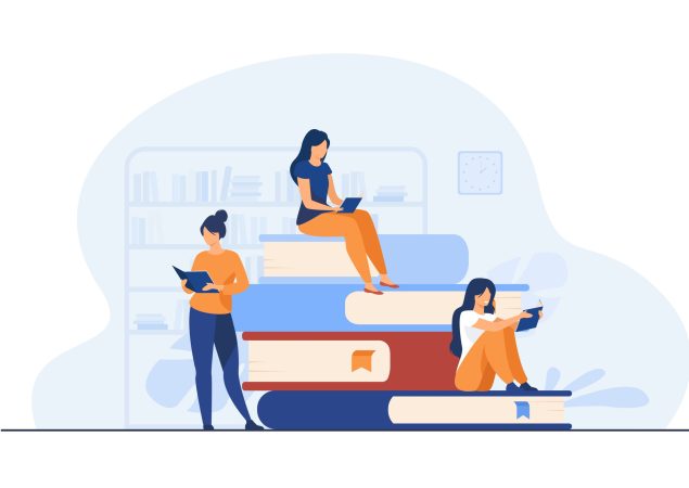 Book readers concept. People sitting on stack of books in library, women reading textbooks at home, students doing homework research. Flat vector illustration for knowledge, literature topics